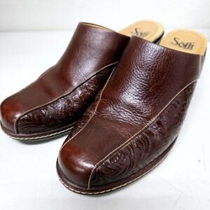 Sofft Brown Tooled Leather Mules Size 9.5 M